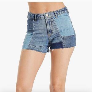 Dear John NWT 27 Iggy High Rise Ocean Drive Denim Shorts Patchwork Frayed Blue